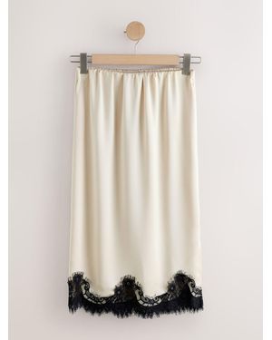 Next Satin Midi Skirt With Lace Trim - Natural