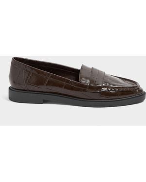 Yours Curve Wide Fit Croc Embossed Loafers - Brown
