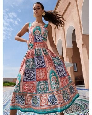 Lipsy Tile Print Cotton Strappy Skater Midi Summer Dress - Blue