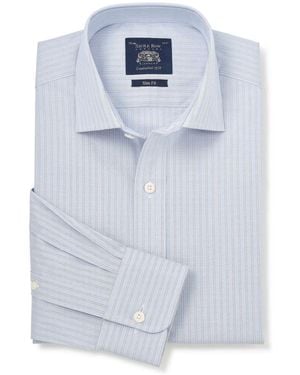 Savile Row Company Slim Fit Striped Pinpoint Cotton Single Cuff Formal Shirt - Blue