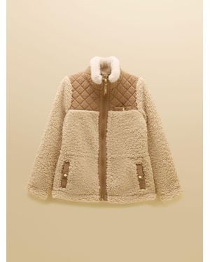 Joules Faux Fur Collared Fleece Jacket - Natural