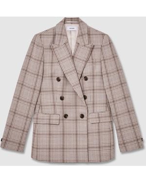 Reiss Wool-Blend Woven-Check Double-Breasted Blazer - Natural