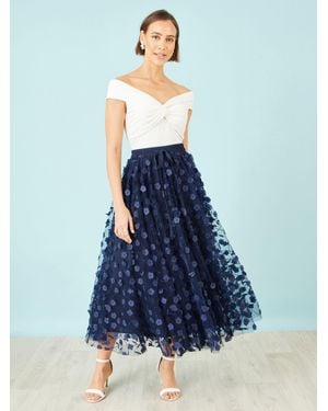 Yumi' Mesh Floral Appliqué Midi Skirt - Blue
