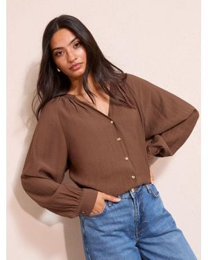 Friends Like These Collarless Textured Shirt - Brown