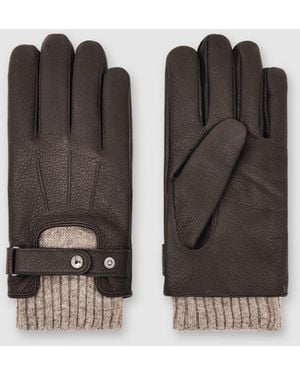 Reiss Sanford - Dark Brown Leather Ribbed-cuff Gloves, M