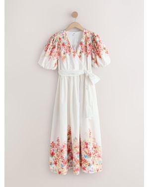 Next Short Puff Sleeve Midi Tie Waist Occasion Dress - Pink