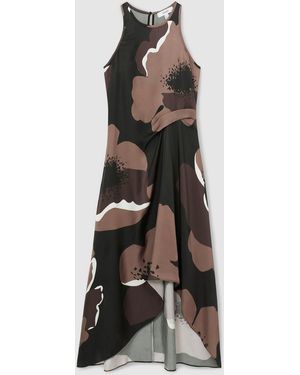 Reiss Mocha Anais Satin Drape Lace-Trim Dress in Brown