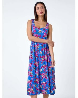 Roman Floral Shirred Strap Midi Dress - Blue