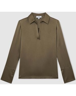 Reiss Khaki Marina Silk Open-Collar Blouse - Green