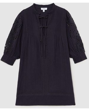 Reiss Cotton Cheesecloth Broderie Mini Dress - Blue
