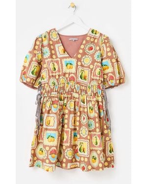 Oliver Bonas Postcard Print V-Neck Puff Sleeve Mini Dress - Metallic