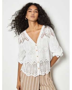 Apricot Floral Lace Button Down Blouse - White