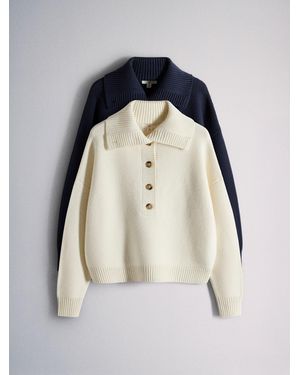 theset The Set 2 Pack Sailor Collar Knitted Henley Jumpers/Cream - Blue