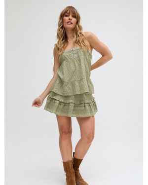 Raffya Skye Tiered Hem Embroidered Mini Skirt - Green