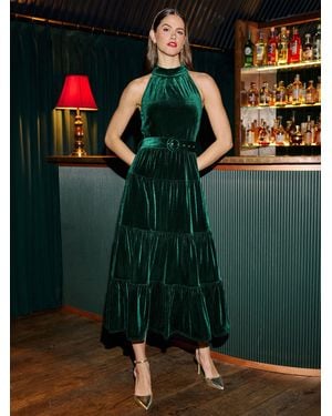 Yumi' Velvet Halter Midi Dress With Belt - Green
