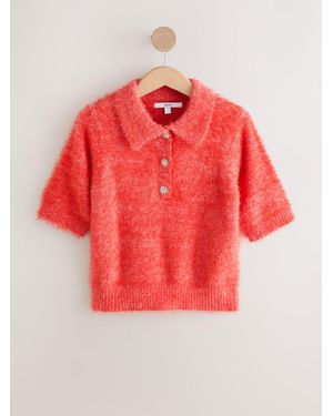Next Gem Button Short Sleeve Knitted Polo Sweater - Red