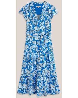 Hobbs Abstract Print Nadine V-Neck Jersey Flutter Sleeve Midi Dress - Blue
