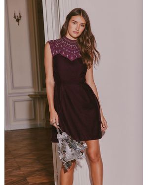Love & Roses X V & A Burgundy Embellished Yoke High Neck Mini Dress - Brown