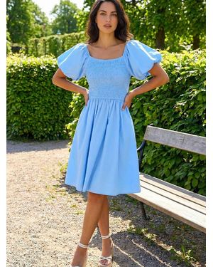Roman Puffed Sleeve Shirred Dress - Green