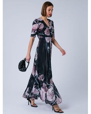 Religion Short Sleeved Diana Maxi Tea Dress With Large Rose Placement Print - Blue