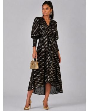 Jolie Moi Puff Sleeve Metalic Spot Print Dip Hem Maxi Dress - Black