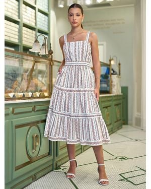 Yumi' Botanical Stripe Midi Dress With Lace Trims - Green
