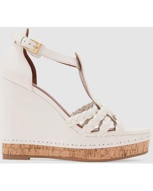 Reiss Frances Leather Plaited-Strap Wedge Sandals - White