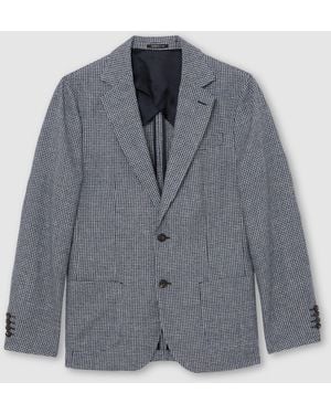 Reiss Houndstooth Single-Breasted Blazer Cotton-Blend Tailored-Fit - Gray