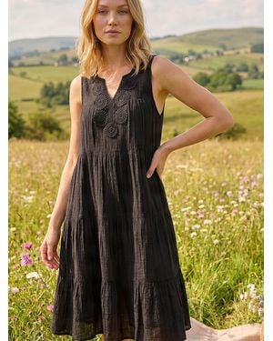 Roman Cotton Trim Detail Smock Dress - Black