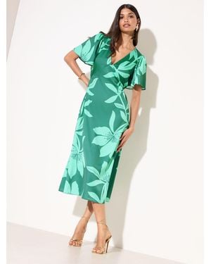 Friends Like These V-Neck Floral Printed Satin Midi Dress - Green