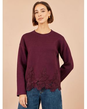 Yumi' Relaxed Sweater With Lace Trim - Purple