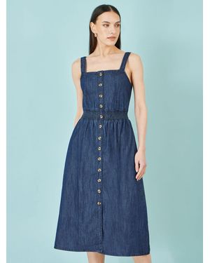 Yumi' Chambray Cotton Ruched Midi Sun Dress - Blue