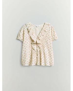 BHOEM Printed Short Sleeve Frill Romantic Top - Natural