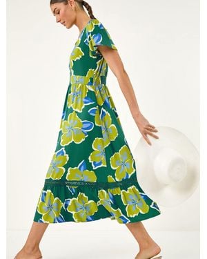 Roman Floral Print Lace Trim Midi Dress - Green