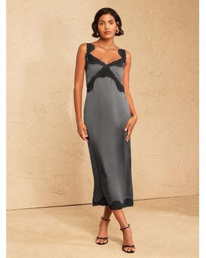 Love & Roses Contrast Satin Lace Slip Midi Dress - Natural
