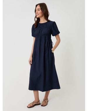Threadbare Ruched Drawstring Puff Sleeve Midi Dress - Blue