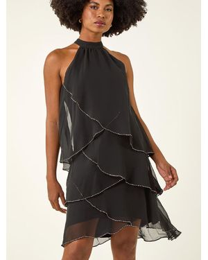 Roman Sequin Trim Tiered Halter Neck Dress - Black