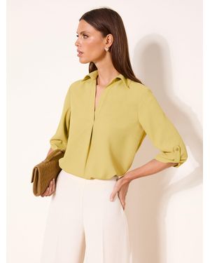 Lipsy Charteruse V-Neck 3/4 Sleeve Collared Blouse - Yellow