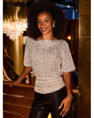 Sosandar Sequin Angel Sleeve Top - Brown
