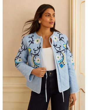 Love & Roses Floral Embroidery Quilted Jacket - Blue
