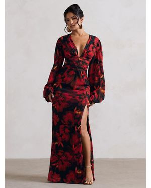 Club L London Casarile V-Neck Balloon Sleeve Maxi Dress - Red