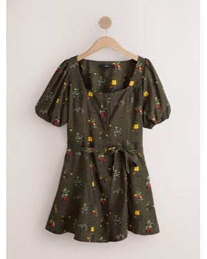 Next Puff Sleeve Button Through Mini Dress - Green