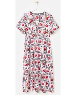 Oliver Bonas Pomegranate Print V-Neck Puff Sleeve Midi Dress - White