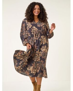 Roman Curve Floral Print Midi Dress - Brown