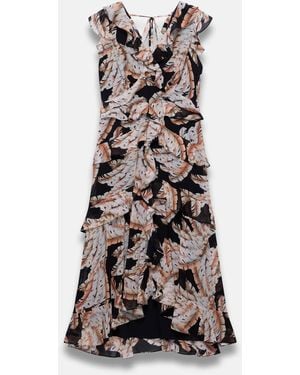 Mint Velvet Palm Print Ruffle Midi Dress - White