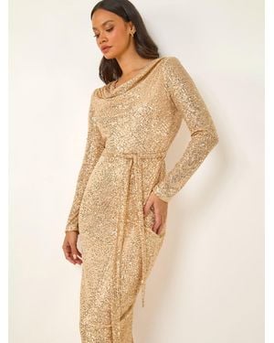 Roman Sequin Cowl Neck Stretch Dress - Natural