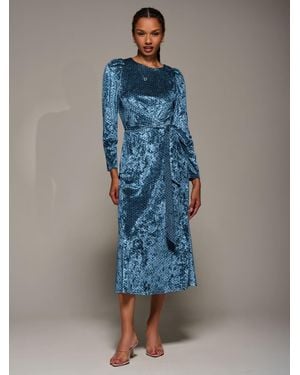 Jolie Moi Long Sleeve Velvet Tie Detail Midi Dress - Blue