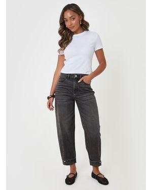Threadbare Petite Cotton Button Hem Barrel Leg Jeans - White