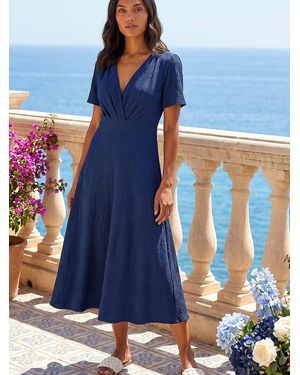Roman Textured Wrap Bodice Midi Dress - Blue