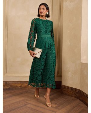 Love & Roses Long Sleeve Lace Midi Dress - Green